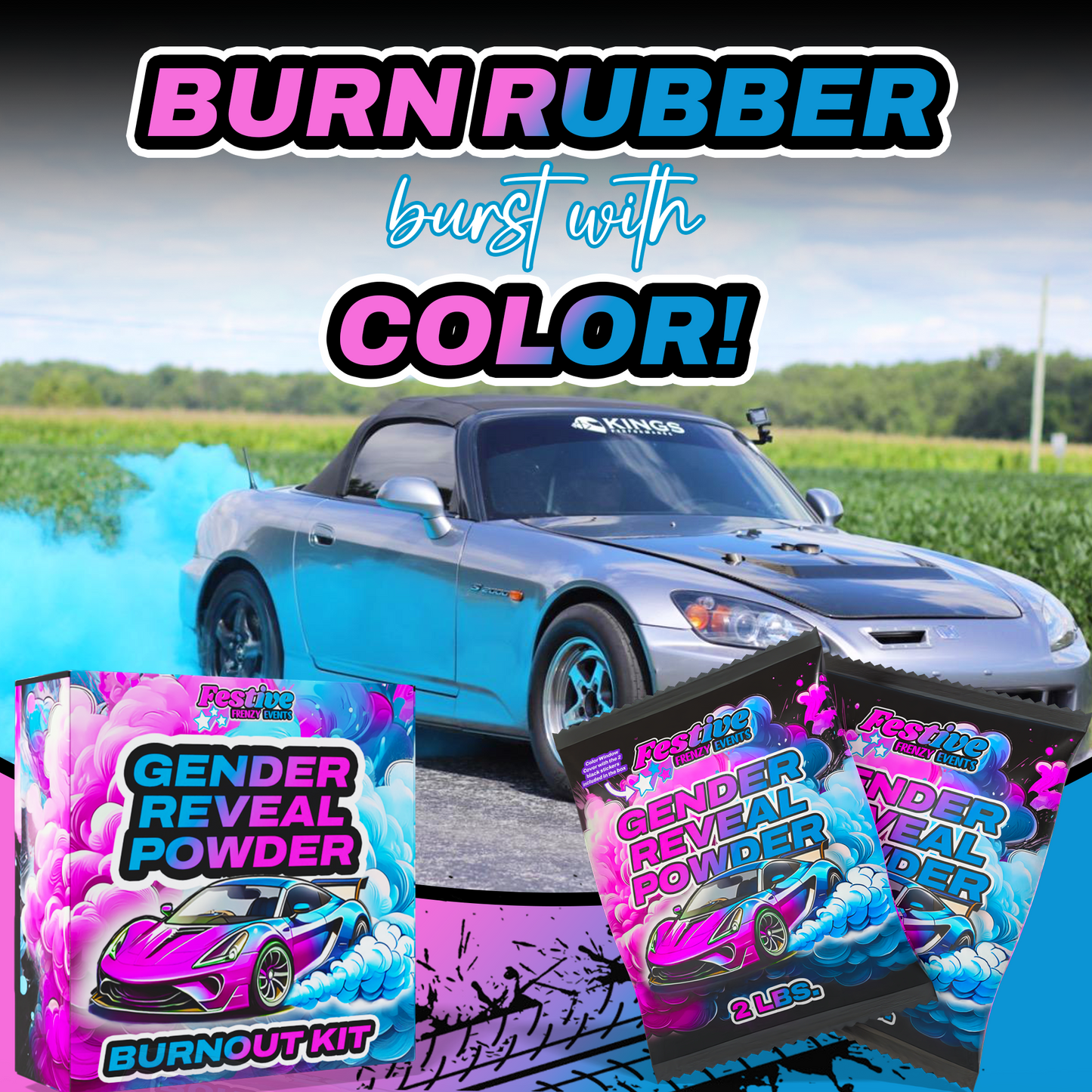 Blackout Gender Reveal Burnout Powder Kit - Blue - 4lbs of Powder + 2 Ribbons & 40 Stickers