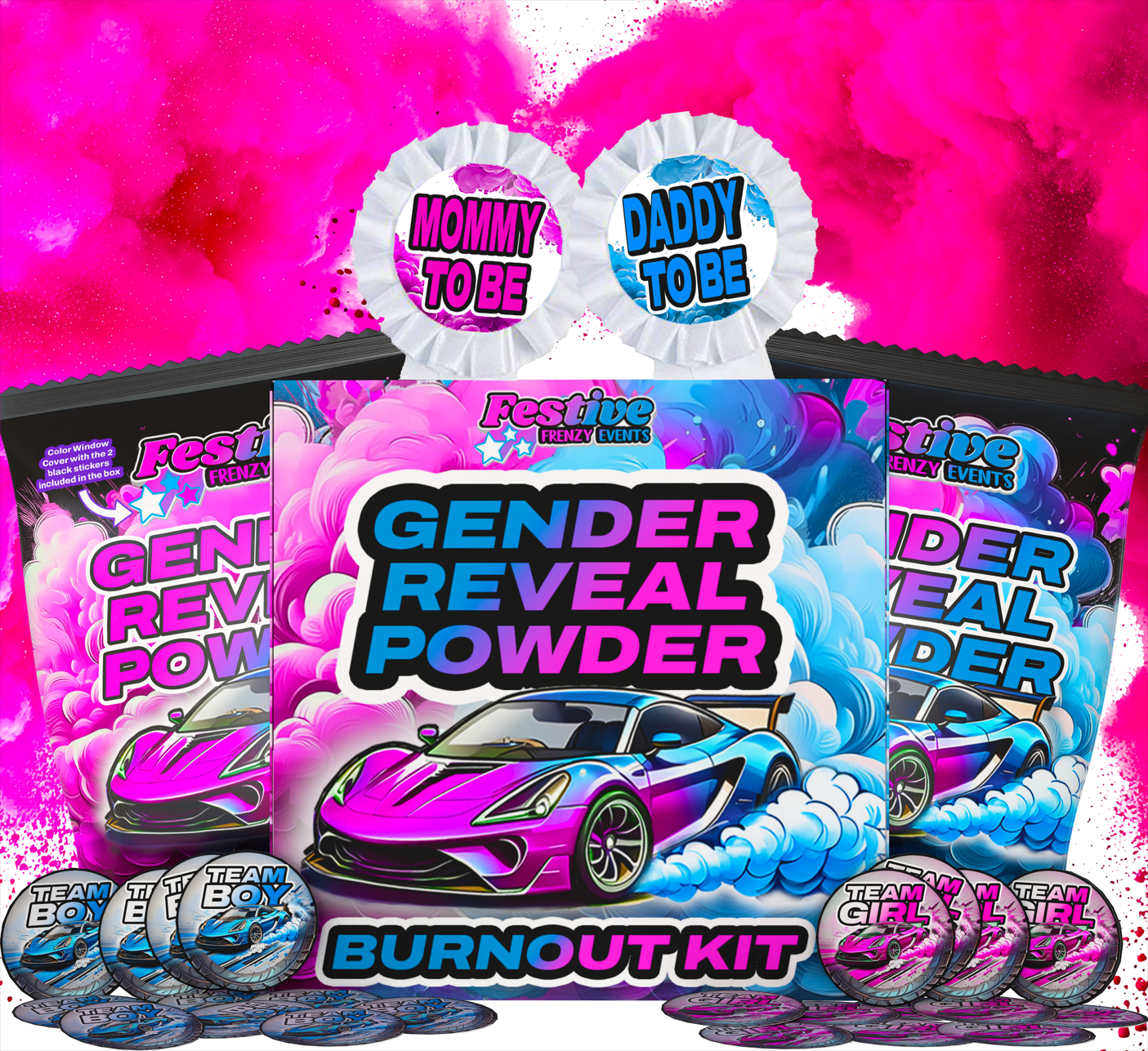 Blackout Gender Reveal Burnout Powder Kit - Blue - 4lbs of Powder + 2 Ribbons & 40 Stickers